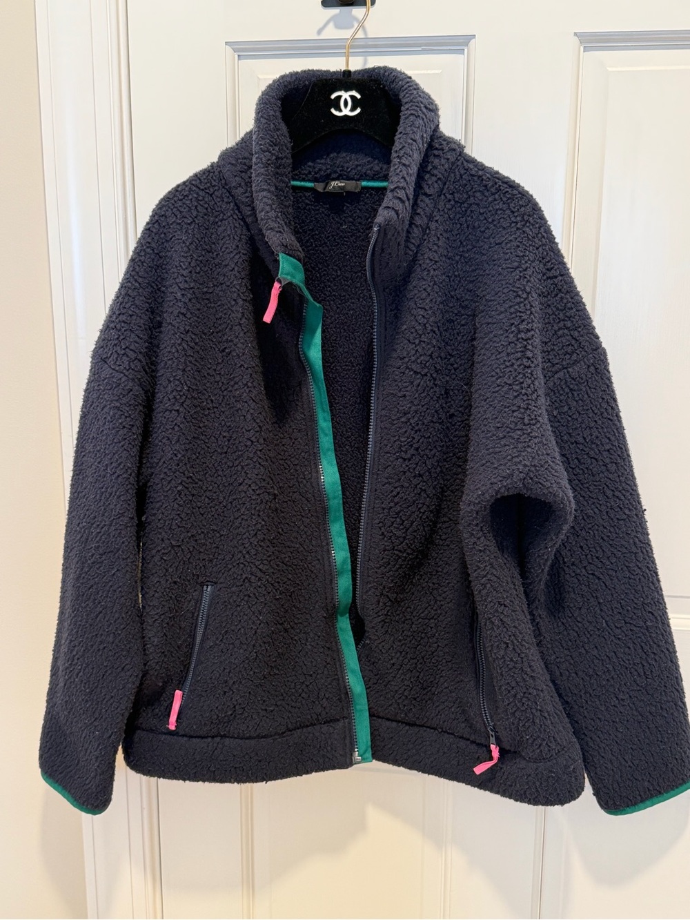 J. Crew Women’s Size L Navy Sherpa Teddy Polartrc Jacket w/ Green & Pink Accents